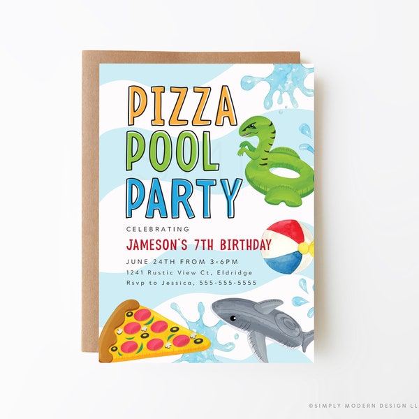 boy's pizza pool party birthday editable invite, pool party, pizza party, pool theme, summer birthday, pizza floatie, instant download