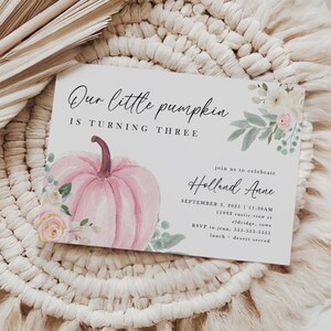 elegant pink pumpkin birthday invitation, fall girl&#39;s birthday, pink pumpkin floral, sister birthday invite, sibling, editable invite, EPPMP