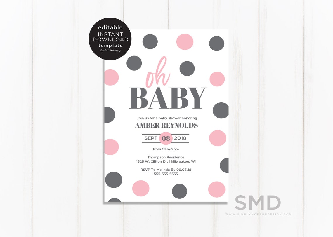 Editable Baby Girl Shower Invitation Template Pink Grey Etsy