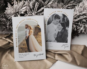 Tarjeta minimalista para guardar la fecha de Navidad, tarjeta de agradecimiento para bodas, tarjeta de Año Nuevo para bodas, foto arqueada, lámina de oro falso (5x7)