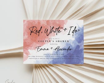 Invitación moderna para despedida de soltera del 4 de julio, con texto en rojo, blanco y "Sí, acepto", para despedida de soltera patriótica (editable) J4GR