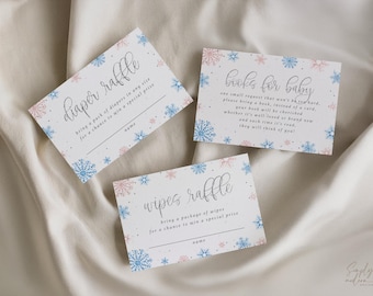 3 insertos de revelación de género con copos de nieve azules y rosas, sorteo de pañales y toallitas, libros para bebé, baby shower de diciembre, descarga instantánea, 3.5x5, BPWL