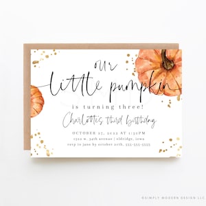 pumpkin birthday party editable invitation, fall birthday invite, our little pumpkin, gold, fall birthday, minimalist, instant download, PMP