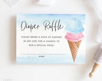 ice cream diaper raffle insert card, gender reveal diaper raffle ticket, twins diaper raffle, pink, blue, instant download, 3.5x5, ICC