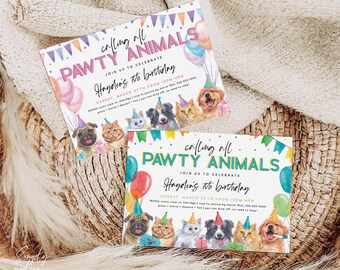 May include: Two colorful party invitations with a paw print theme. The invitations feature a variety of animals, including dogs, cats, and a rabbit. The text on the invitations reads "Calling all Pawty Animals" and "Join us to celebrate Hayden's 8th birthday".