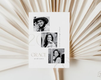 Invitación de graduación minimalista con collage de fotos, plantilla editable, invitación para estudiantes universitarios de último año
