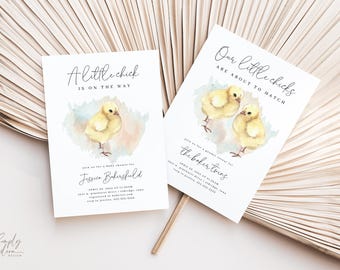 Invitación para baby shower de pollito, revelación de género de primavera y Pascua (editable) ELC