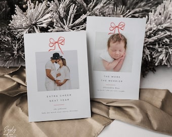 Anuncio de nacimiento navideño con lazo rojo minimalista, anuncio de embarazo navideño con temática de lazo (retrato de 5x7)