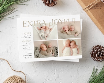 minimalist holiday birth announcement, Christmas birth announcement, holiday photo announcement, twins birth announcement, editable template