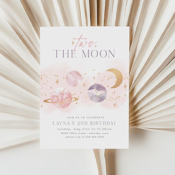 girl's two the moon invitation, space invitation, girl's moon birthday, 2nd birthday, stars, planets, galaxy, outer space, minimalist, OTMG