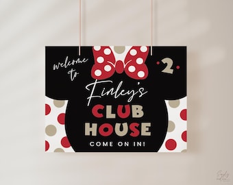 Edytowalny znak urodzinowy dla dziewczynki z myszką, edytowalny znak, boho, znak Twodles, znak urodzinowy Clubhouse, znak powitalny Minnie, znak powitalny na podwórku, MMS