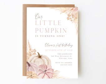 boho girl's fall pumpkin birthday invitation, pumpkin theme birthday, pink, purple, boho fall first birthday, minimalist, editable, BGPMP