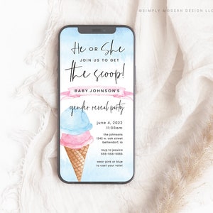 editable ice cream gender reveal phone invite, phone ice cream invitation, electronic invite, gender reveal, evite, instant download, ICC