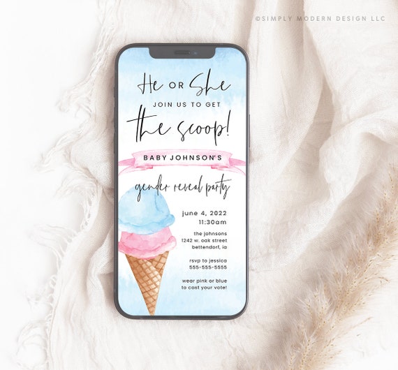 editable ice cream gender reveal phone invite, phone ice cream invitation, electronic invite, gender reveal, evite, instant download, ICC