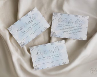 3 inserti per rivelare il sesso del bambino con fiocchi di neve blu e argento, lotteria di pannolini e salviette, libri per neonati, baby shower, download immediato, 3,5x5, WBWL