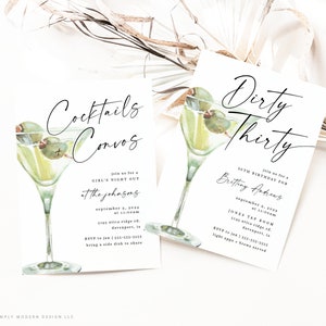 May include: Two invitations with a martini glass graphic. The first invitation is for a girl's night out called "Cocktails & Convos" at the Johnsons on September 3, 2023 at 11:00am. The second invitation is for Britting Andrews' 30th birthday at Jones Tap Room on September 3, 2023 at 11:00am.