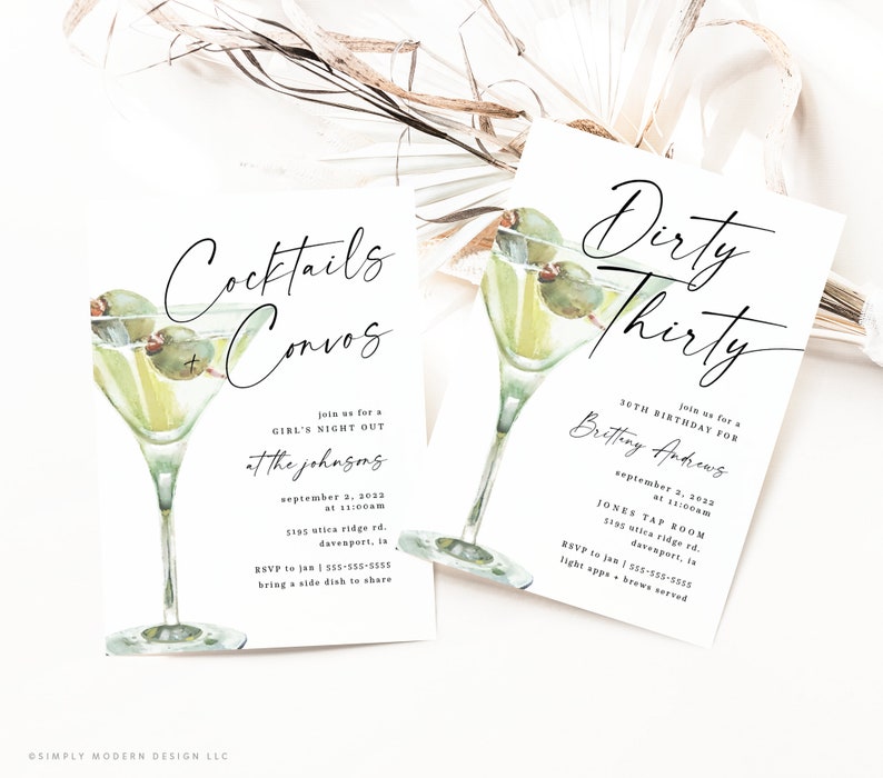 May include: Two invitations with a martini glass graphic. The first invitation is for a girl's night out called "Cocktails & Convos" at the Johnsons on September 3, 2023 at 11:00am. The second invitation is for Britting Andrews' 30th birthday at Jones Tap Room on September 3, 2023 at 11:00am.