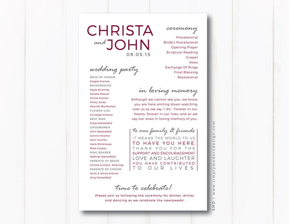 modern wedding ceremony program wedding party bridal party etsy
