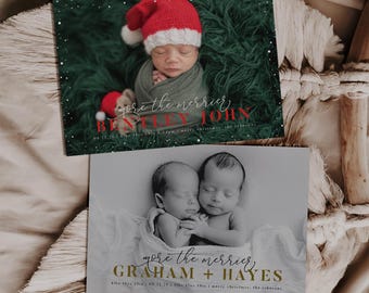 Modern Christmas Birth Announcement, Minimalist Editable Holiday New Baby Card (5x7)