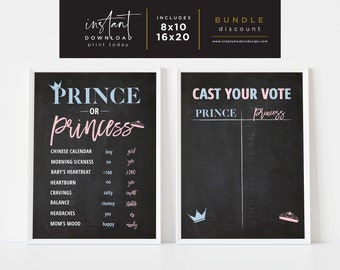 Prince or princess gender reveal party signs, cast your vote, tally, old wives tales sign, chalkboard, party decoration, tiara, crown, PPGR1