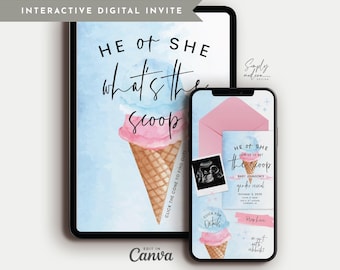 Ice Cream Gender Reveal Party Interactive Invitation, Website Template, Editable RSVP,  (Digital Download, ICC)