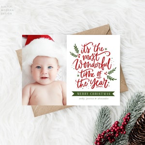 De mooiste tijd van het jaar kerstkaart, bewerkbare fotokaart, familiekerstkaart, afdrukbaar, kalligrafie, familievakantiekaart
