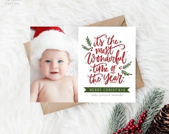 The most wonderful time of the year holiday card, editable photo card, family christmas card, printable, calligraphy, family holiday card