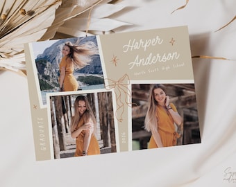 Anuncio de graduación de secundaria con estilo, plantilla editable, lazo, tema coqueto, collage de fotos