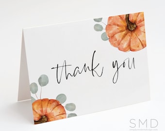 orange pumpkin thank you, minimalist, eucalyptus, fall pumpkin thank you card, bridal shower, folded, flat, instant download, 4.25x5.5, PMP