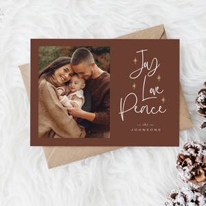 Joy peace love holiday card, holiday photo card, family christmas greeting card, faux foil card, editable modern christmas card, modern