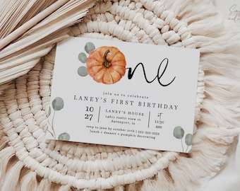 orange pumpkin first birthday invitation, eucalyptus, one, fall first birthday, minimalist, pumpkin greenery, editable invitation, PMP