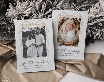 Tarjeta de anuncio de nacimiento navideño con lazo beige y tostado / Tarjeta de anuncio de embarazo navideño / Cuanto más, mejor.