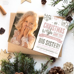 Zwangerschapsaankondiging grote zus, grote zussen, kerstkaart, zwangerschapsaankondiging, roze sneeuwvlokken, bewerkbaar, kerstkaart