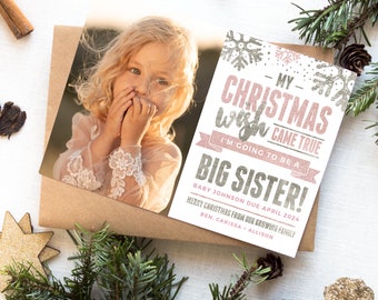 Big sister holiday pregnancy announcement, big sisters, christmas card, pregnancy announcement, pink snowflakes, editable, holiday card