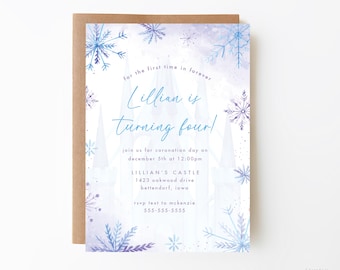 May include: A blue and purple watercolor invitation with snowflakes and a castle design. The text reads "for the first time in forever Lillian is turning four!" and includes details for a coronation day party.