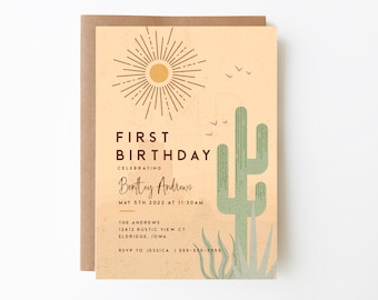 May include: A beige invitation card with a brown border. The card features a stylized sun with rays, a green cactus, and the text "FIRST BIRTHDAY CELEBRATING Bentley Andrews MAY 5TH 2022 AT 11:30AM THE ANDREWS 12412 RUSTIC VIEW CT ELDRIDGE, IOWA RSVP TO JESSICA 1 555-555-5555 SIMPLY MODERN DESIGN LLC".