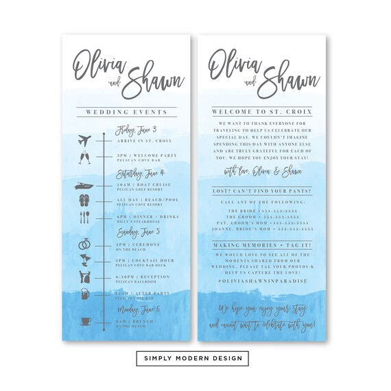 Watercolor Destination Wedding Itinerary Timeline Ombre Etsy