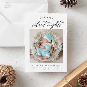 We traded silent nights holiday birth announcement, modern christmas card, birth announcement, holiday, printable, minimalist, editable