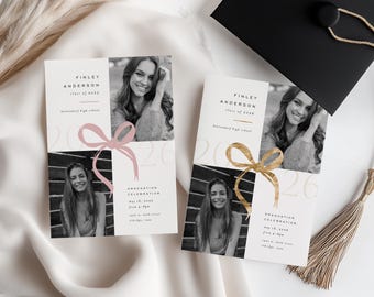 Invitación de graduación con lazo para niña, plantilla minimalista editable, collage de fotos, lazo dorado falso
