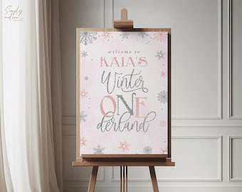 Letrero de bienvenida para el primer cumpleaños de una niña de invierno, cumpleaños de Onederland de invierno, copo de nieve rosa, bienvenida de invierno, letrero de jardín, descarga instantánea, WPWL