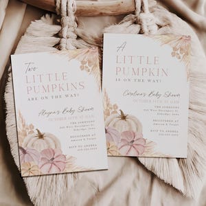 boho girl&#39;s fall pumpkin baby shower invitation, pumpkin theme baby shower, pink, purple, girl&#39;s baby shower, minimalist, editable, BGPMP