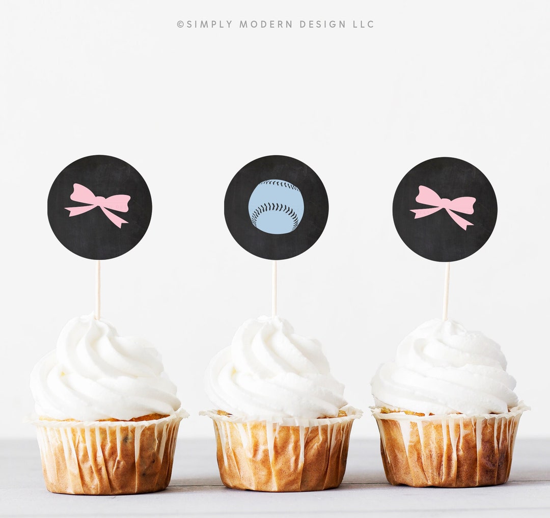 Baseballs or Bows Cupcake Toppers, Round Cupcake Topper, Baseball Theme, Gender Reveal, Pink