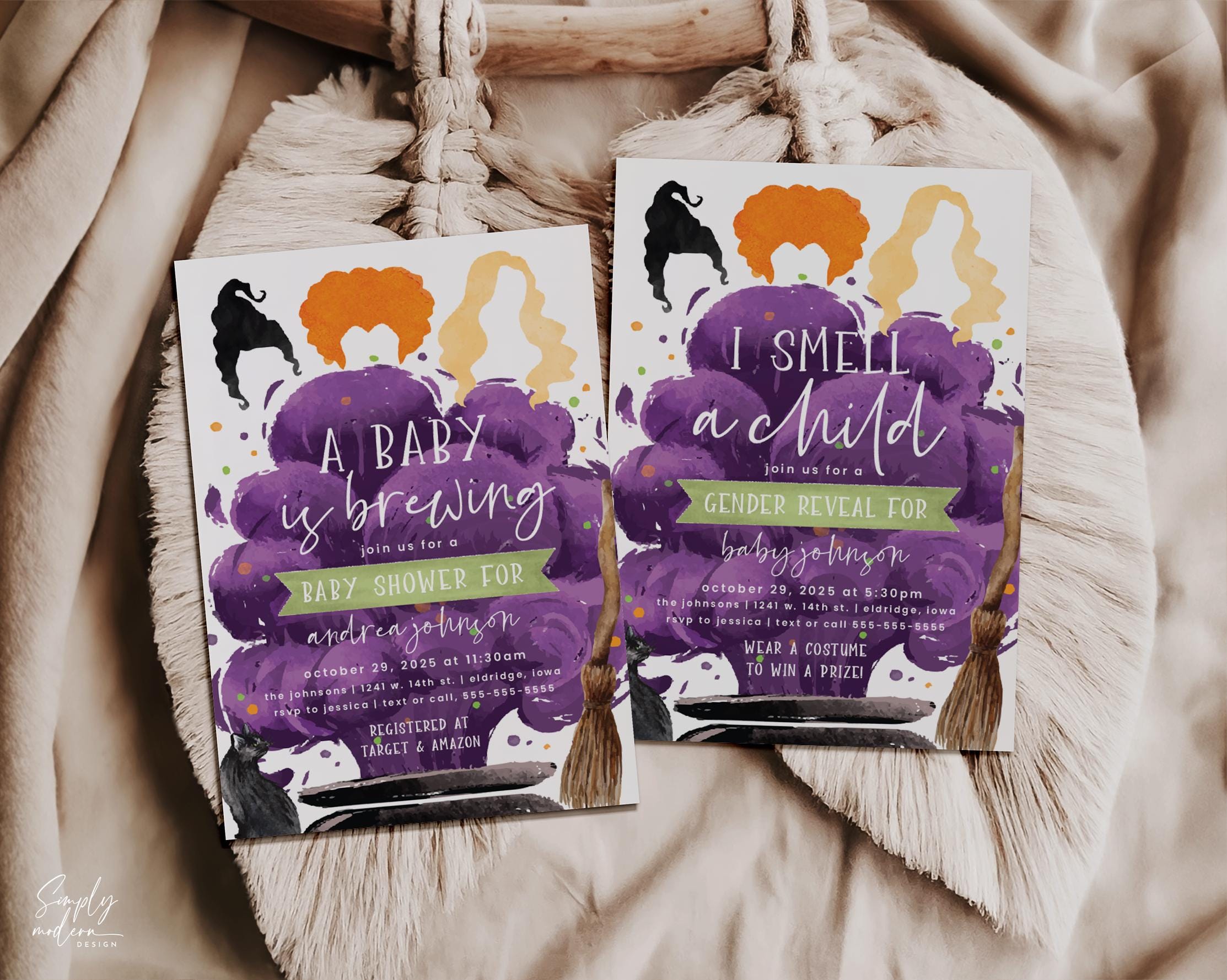 halloween baby shower invitation, I smell a child, hocus, halloween gender reveal, pocus, baby is brewing, witches, editable invite, HCPS