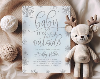 Invitación para baby shower con temática de país de las maravillas invernal, bebé, hace frío afuera, copo de nieve, revelación de género en invierno, plantilla editable, descarga instantánea, WBWL
