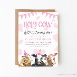 holy cow girl&#39;s birthday invitation, farm birthday, editable invitation, pink cow invitation, barnyard birthday, instant download, HLYCW