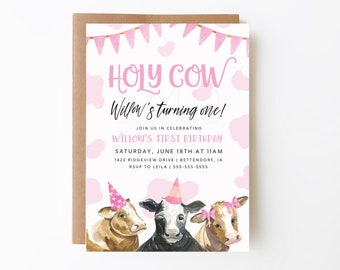 Pink Cow Birthday Invitation, Girl's Farm Barnyard Theme, Editable Template (Instant Download, 5x7, HLYCW)