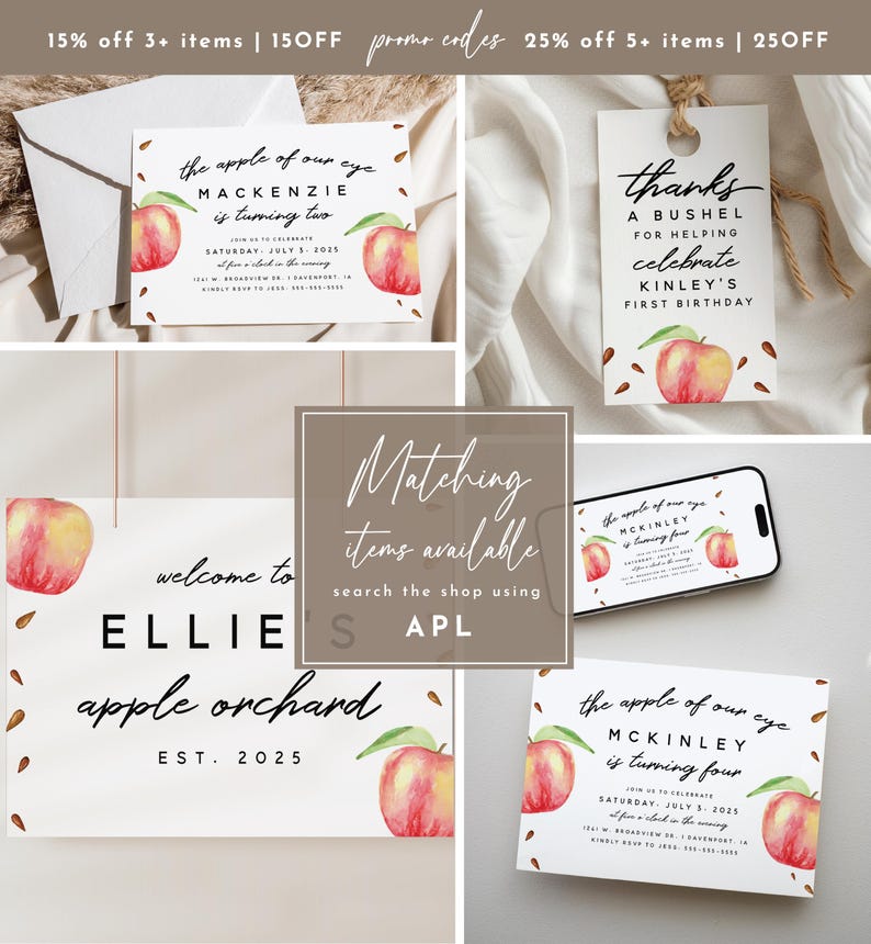 May include: A set of printable party invitations featuring a watercolour apple design. The invitations include the text "the apple of our eye" and the names "Mackenzie" and "McKinley". The invitations are for a birthday party and include the date and time of the event.