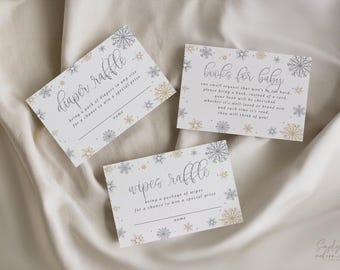 3 inserti per rivelare il sesso del bambino con fiocchi di neve dorati, inserti per la lotteria di pannolini e salviette, libri per neonati, baby shower invernale, download immediato, 3,5x5, GSWL