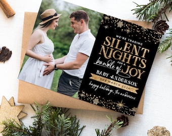 Pregnancy announcement christmas card, gold foil, trading silent nights for a bundle of joy, printable holiday card, editable template