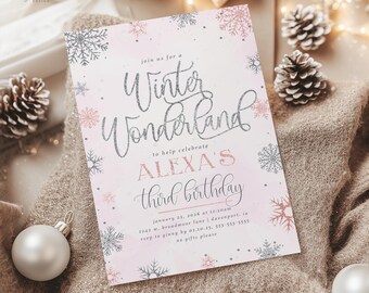 girl's winter wonderland birthday invitation, pink snowflake, girl's winter birthday invitation, printable, editable template, WPWL